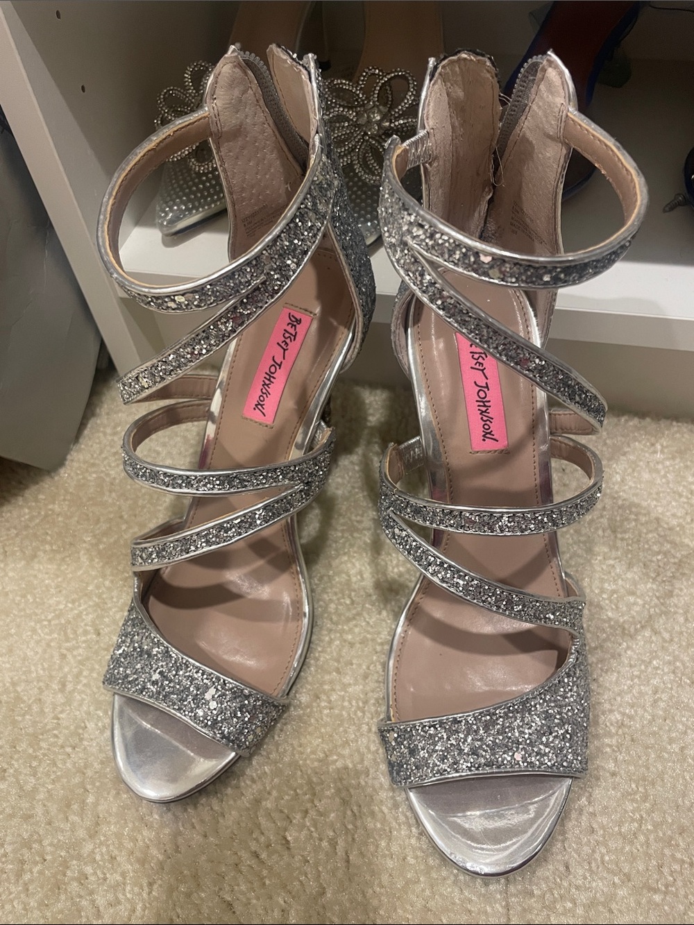Betsey Johnson Silver Glitter Strappy High Heels